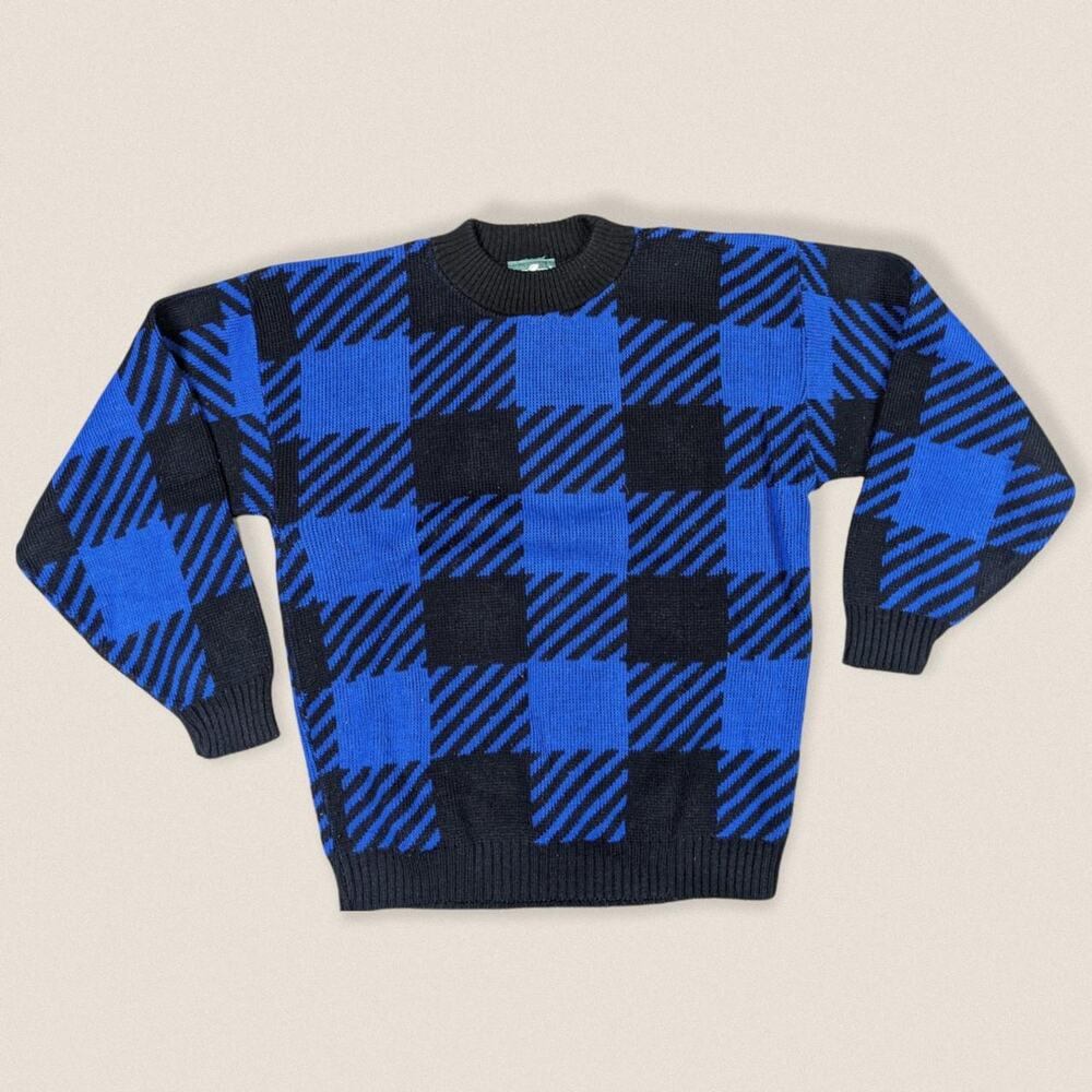 Vintage‎ Grandpa Sweater Plaid Size Small Black Blue Cabin Creek